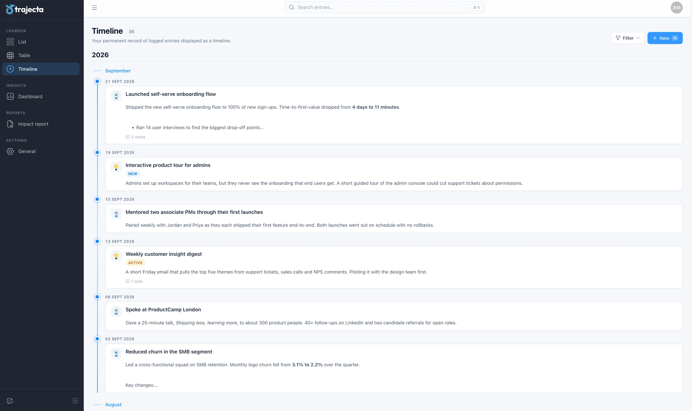 Trajecta timeline view showing achievements month by month